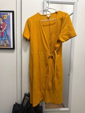 J. Crew Mustard Faux Wrap Midi Dress